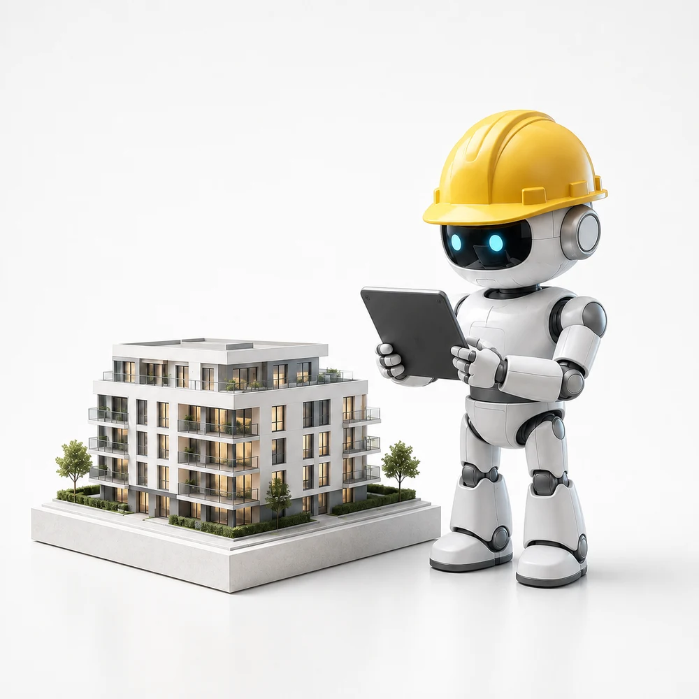 U-Plan Bauroboter mit Helm und Gebäudemodell – Markenillustration