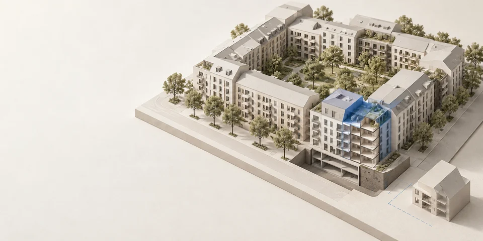 Illustration eines Wohnquartiers mit geöffnetem Gebäude und sichtbarem Untergeschoss